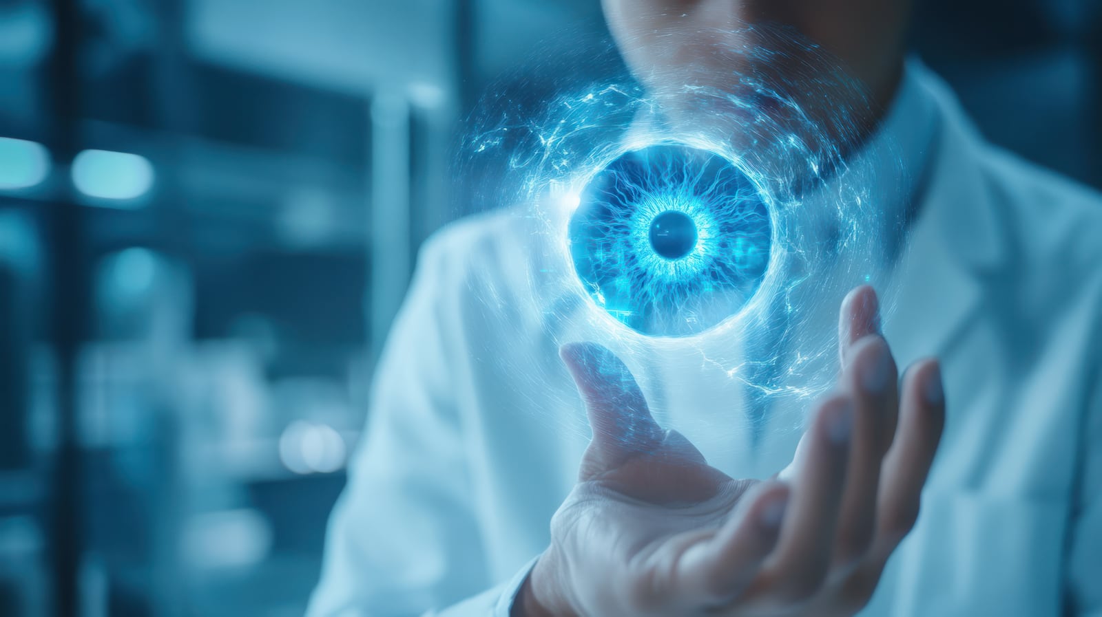 Detalle de un ojo humano iluminado por proyecciones digitales azules, sostenido por una mano con bata blanca.